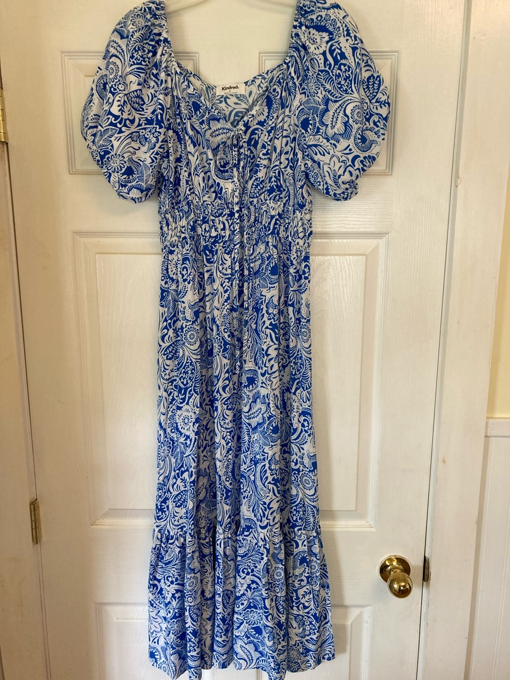 Kindred Blue & White Paisley Maxi Peasant Dress with Puff Sleeves